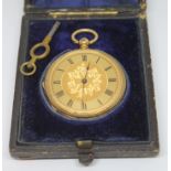 A ladies 18ct gold pocket watch, case diam. 40mm, marked '18K', gross wt. 48.6g, with key and fitted