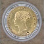 Victoria young head shield back half sovereign 1849, unusual number '4' stamped after date.