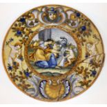 An Italian Maiolica dish decorated with mythical scene, and initialled 'GL', diam. 34.5cm. Condition