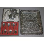 A mixed lot of hallmarked silver comprising an embossed tray, a cased set of teaspoons, a