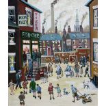 Benard McMullen (1952-2015), Northern street scene, oil on board, 24cm x 29cm, signed lower right,