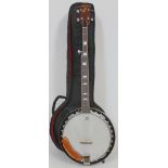 A Harmony 5 string banjo with soft case.