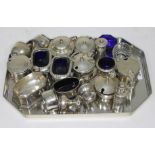 Various hallmarked silver cruets, salts, condiments, some with blue glass liners, gross weight
