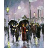 Benard McMullen (1952-2015), "Under the Umbrellas", oil on board, 19cm x 24cm, signed lower right,