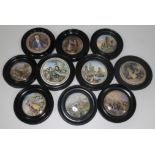 A group of ten Victorian prattware pot lids, various scenes.