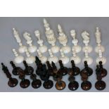 A 19th century Selenus pattern bone chess set, height of kings 11cm. Condition - black knight broken