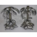 A pair of Victorian silver plated candlesticks naturalistically formed as desert islands with palm