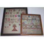 Two Victorian needlework samplers 21cm x 21cm & 25cm x 30cm.