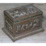 A French 19th century gilt metal casket, each side embossed with drinking scenes, length 15.5cm.