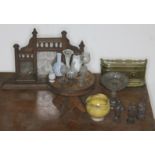 A wooden box containing doll's house furniture and effects including an over mantel mirror, a