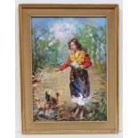 Franco Rispoli (Italian 20th century school), lady feeding hens, oil on board, 48cm x 68cm, signed