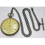A silver pocket watch and silver Albert chain, case diam. 49mm, chain length 48cm.