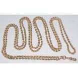 A 9ct gold guard chain, length 140cm, marked and labelled '9c', wt. 33g. Condition - very good,