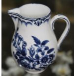 An English 18th century blue and white sparrow beak jug, height 9.5cm. Condition - two hairlines