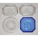 A set of four Baccarat glass pin dishes, each etched with a different scene, length approx. 7cm -
