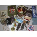 A box of bric a brac including cameras, two penknives, two whistles, a Corona Fly Pistol lighter,