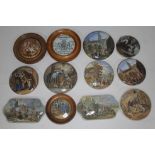 A group of 12 mainly prattware pot lids, various scenes.