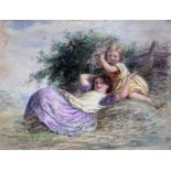 Joseph Bouvier (1839-1888), two girls playing, watercolour, 19cm x 15cm, signed, glazed and framed