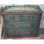 A Victorian pine chest of drawers and bearing decoration 'VR 1842 Capt R Jolief Florina', width
