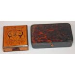 A tortoiseshell box and a marquetry inlaid olive wood watch case.