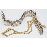 A hallmarked silver bracelet, length 17.5cm, wt. 55.1g, together with a yellow metal chain, length