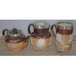 Three pieces of Royal Doulton stone ware comprising teapot, jug and tankard, each having