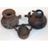 A group of three Mayan effigy pots circa 1300 AD, height 11cm - 13cm. Condition - good, one handle