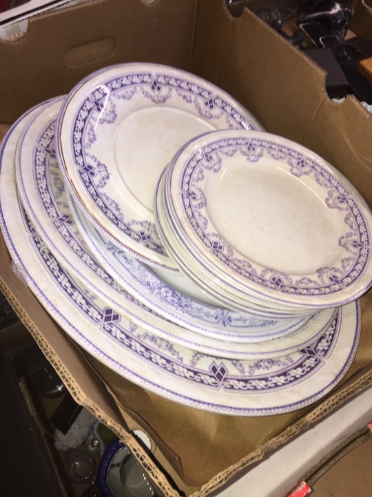 A box containing Palissy dinnerware - dinner plates and large platters