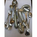 A small collection of silver plated cutlery and an ive cream scoop