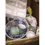 A box of mixed ceramics and glass including Wade and Caithness