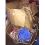 2 boxes of misc to include blue painted tin Bulmers ice buckets, acrylic bottle holders, pegs,