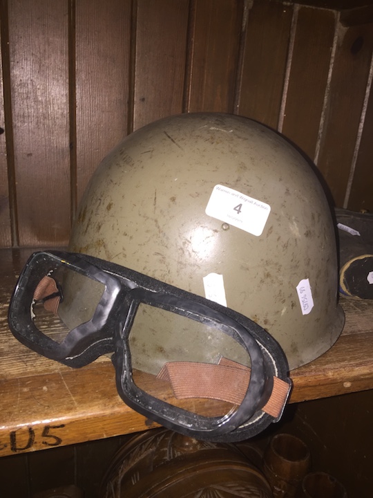 A Russian military helmet and goggles