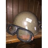 A Russian military helmet and goggles