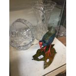 A cut glass vase and bowl and a bird figurine
