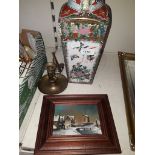Chinese vase, brass chamber stick and picture