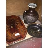 Oriental bronze vase, wooden tray and Japanese lacquer dish