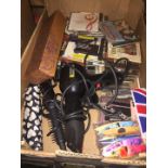 A box of misc to include hair dryer, gift set, few watches, CDs, etc