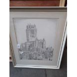A pencil drawing of the Anglican cathedral, liverpool and a relief picture