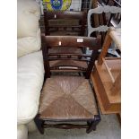Two 19th century rush seat chairs and a painted chair