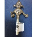 Silver childs joker rattle with pearl handle