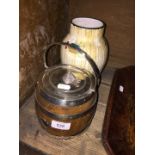 EPNS mounted biscuit barrel and a pottery vase