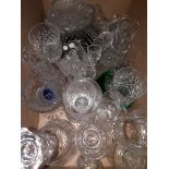 A box of glass to include decanter, cut glass, glasses, coloured glass, etc.