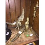 A brass eagle on branch, a nutcracker in shape of crocodile and companion holder in shape of