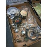 A box of silver plated items.