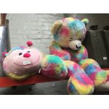 A large rainbow Chad Valley teddy bear and large rainbow caterpillar