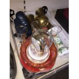 Box of pottery, glass and with revolving pendulum clock