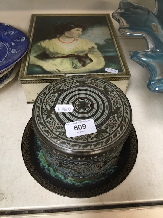 2 tin boxes and a Russian painted collector's plate.