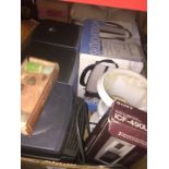 A box of misc to include Sony hifi system with speakers, Sony portable radio, minerals, cordless jug