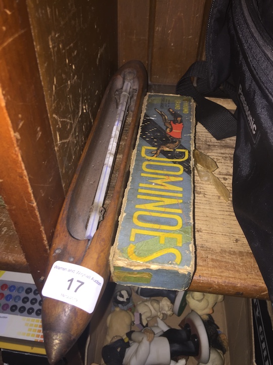 A wooden shuttle thermometer and Greyhound Brand dominoes in original case.