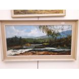 A. Kilvington, river landscape, oil on board, 95cm x 44cm, signed lower right, framed.